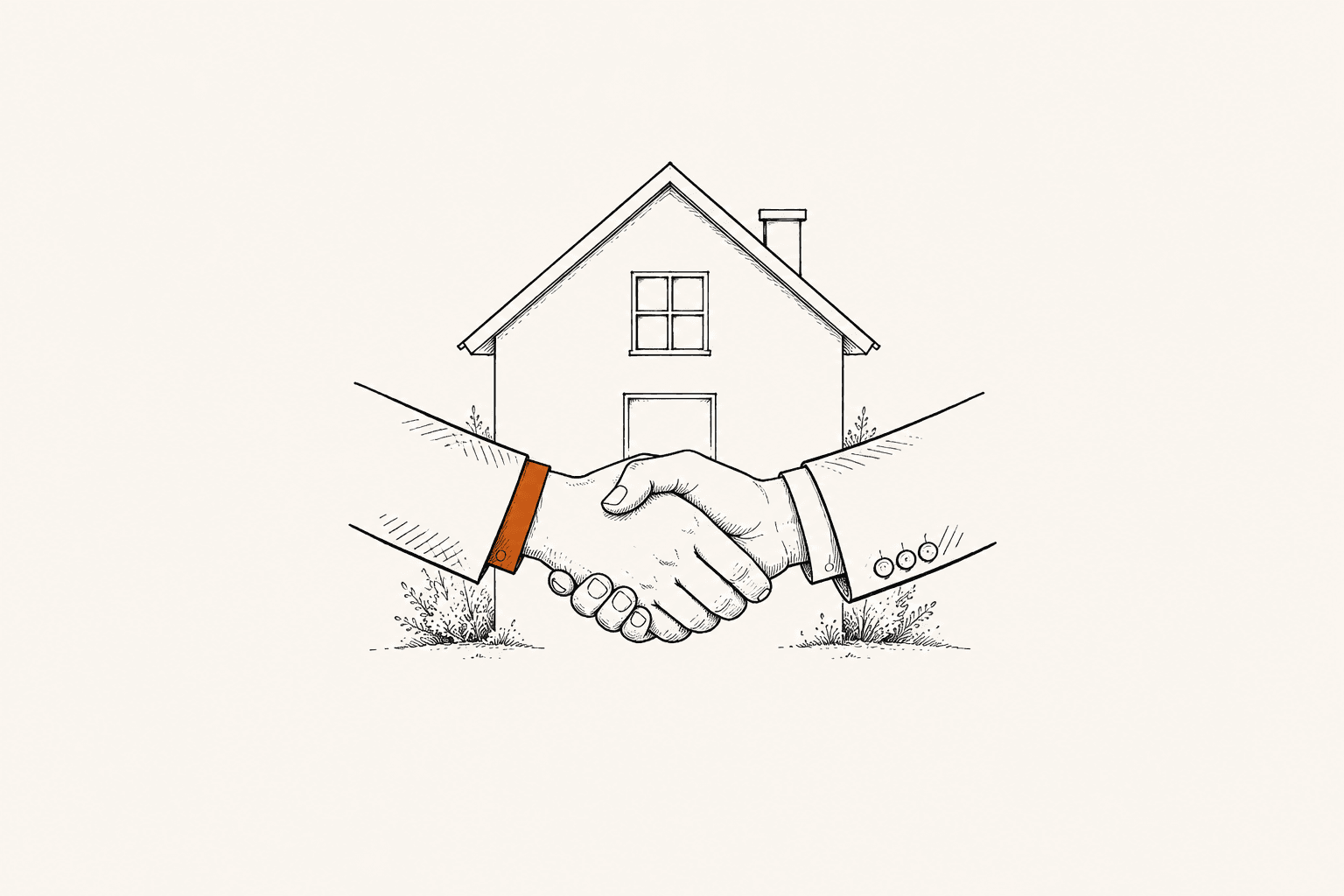 Ink illustration of a handshake in front of a house