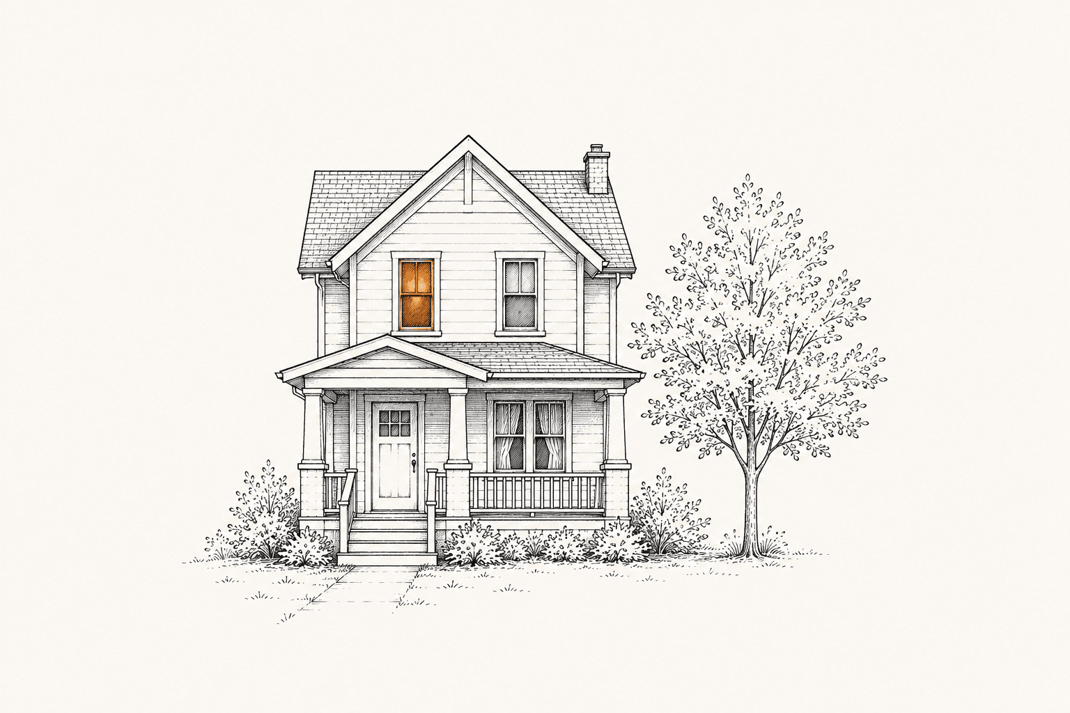Ink illustration of a two-story home beside a tree, one window lit