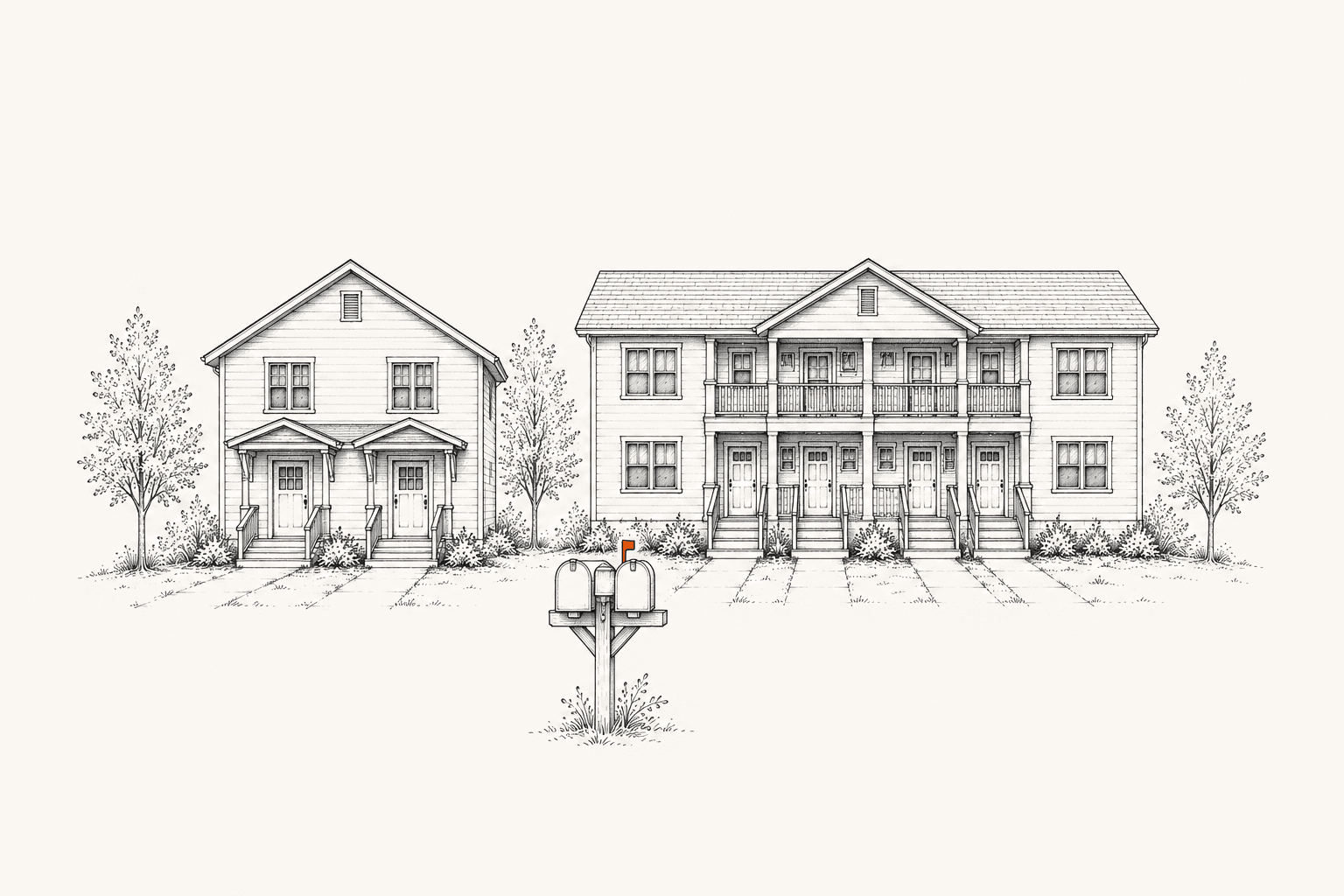 Ink illustration of a duplex and fourplex with a mailbox flag raised