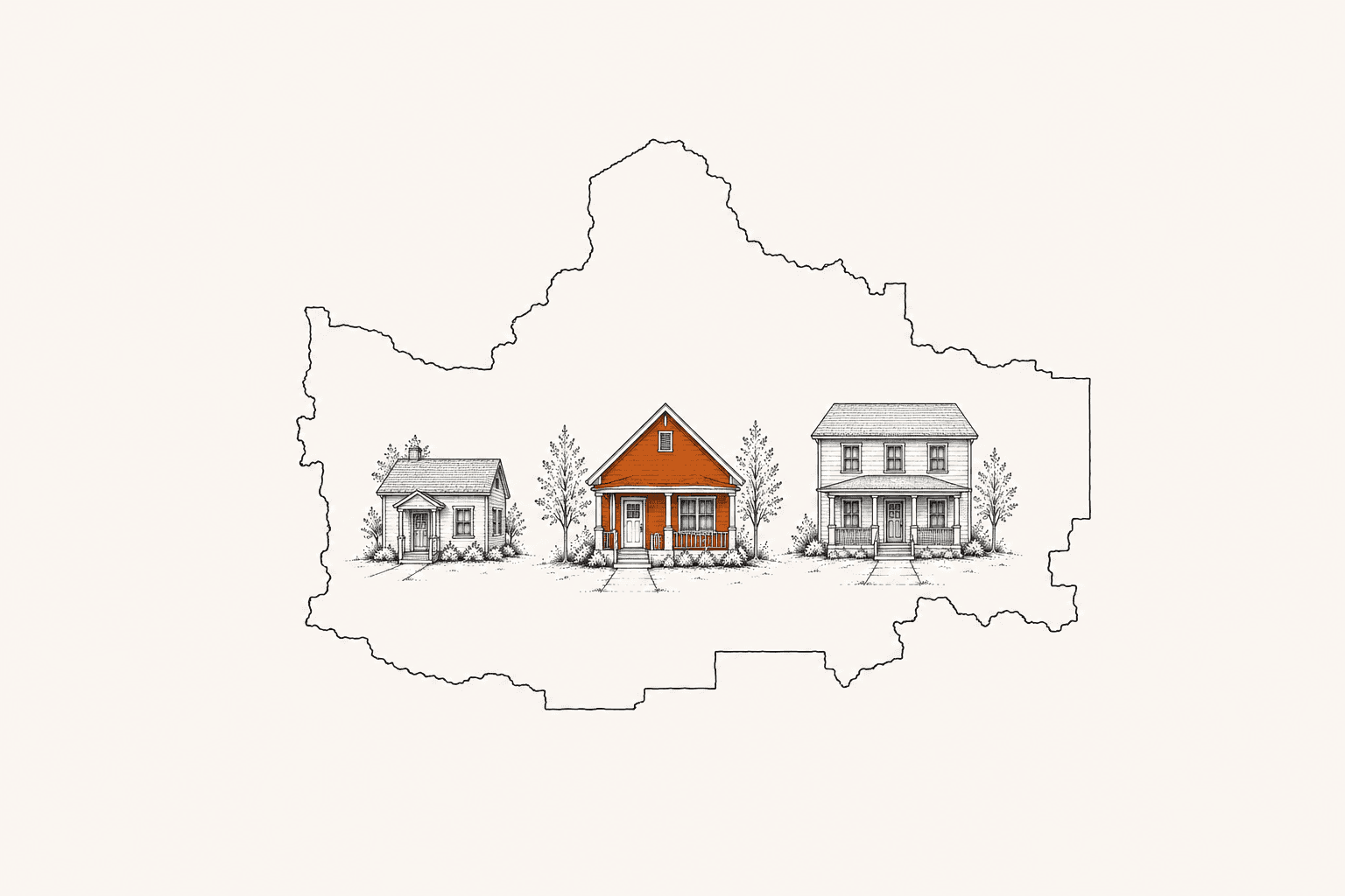 Ink illustration of three houses of different sizes inside a county outline