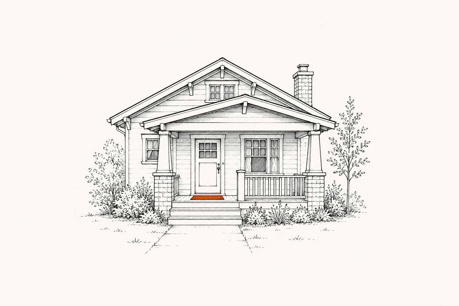 Ink illustration of a craftsman bungalow with a welcome mat at the door