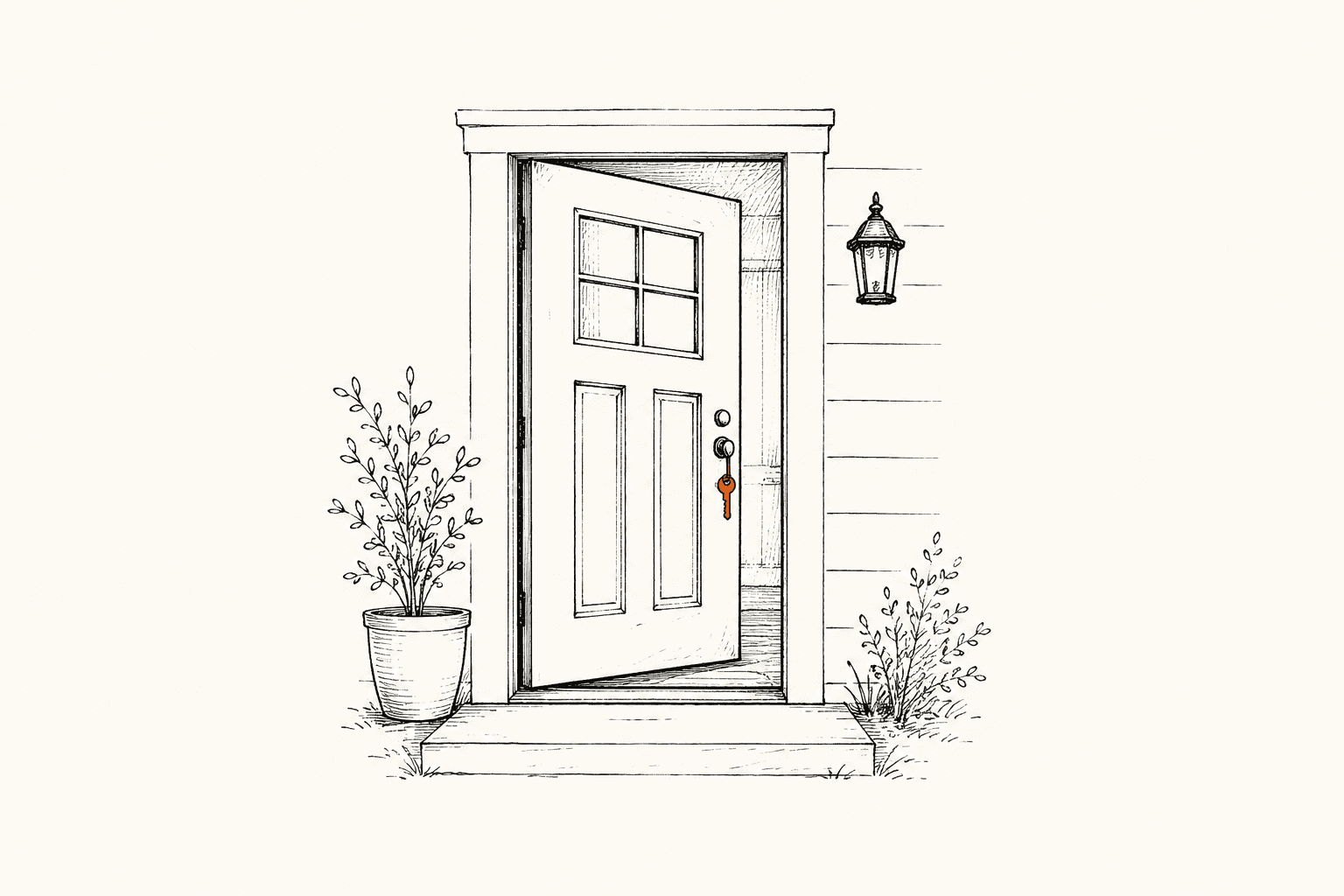 Ink illustration of a front door standing open with a key in the lock