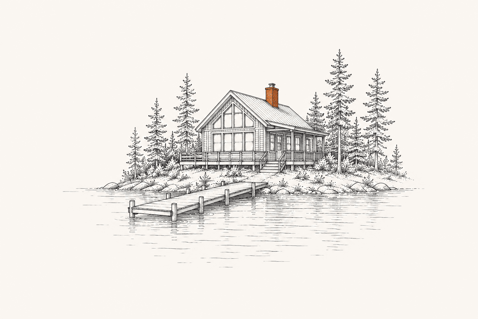 Ink illustration of a lakeside cabin with a wooden dock among pines