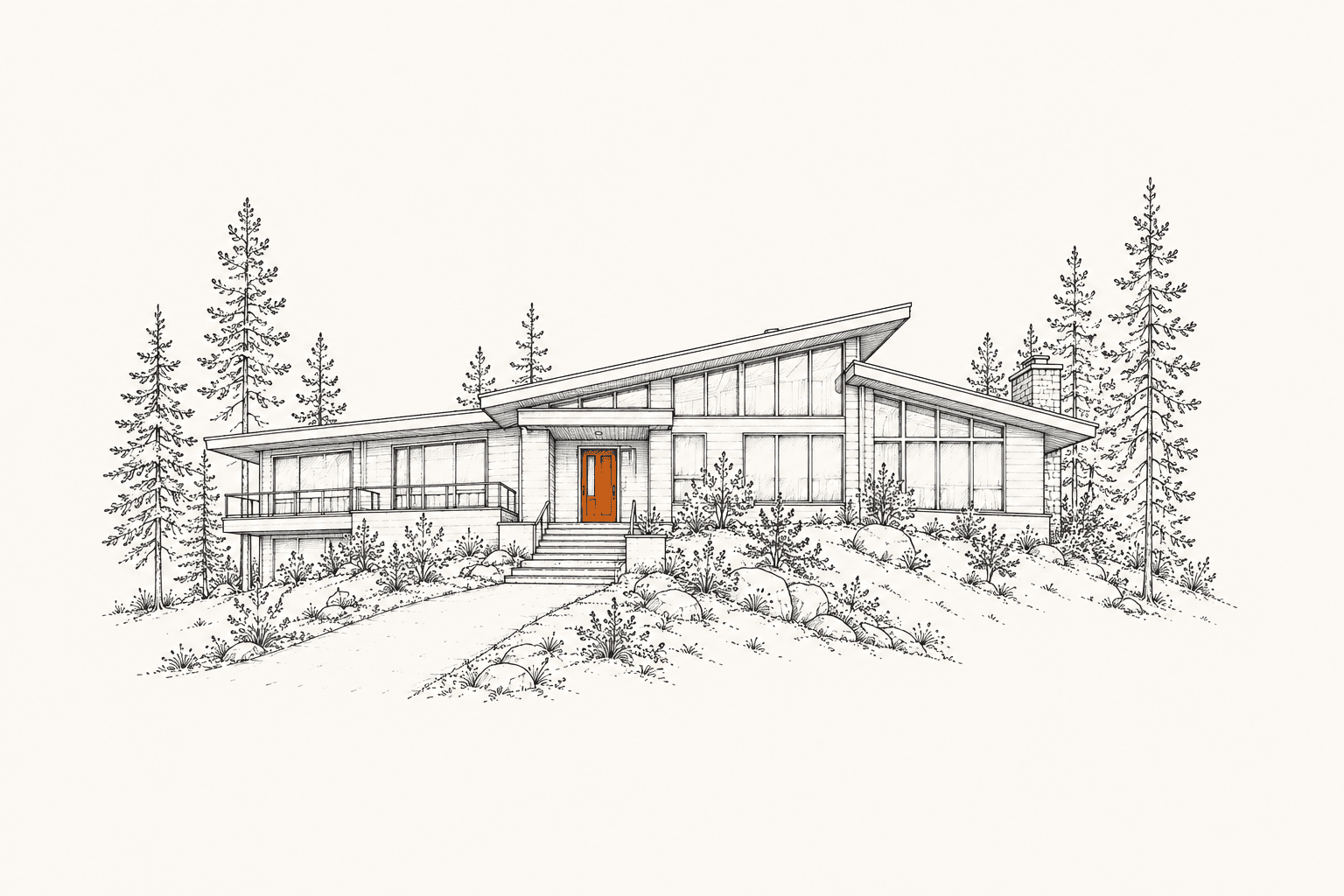 Ink illustration of a modern hillside home among pine trees