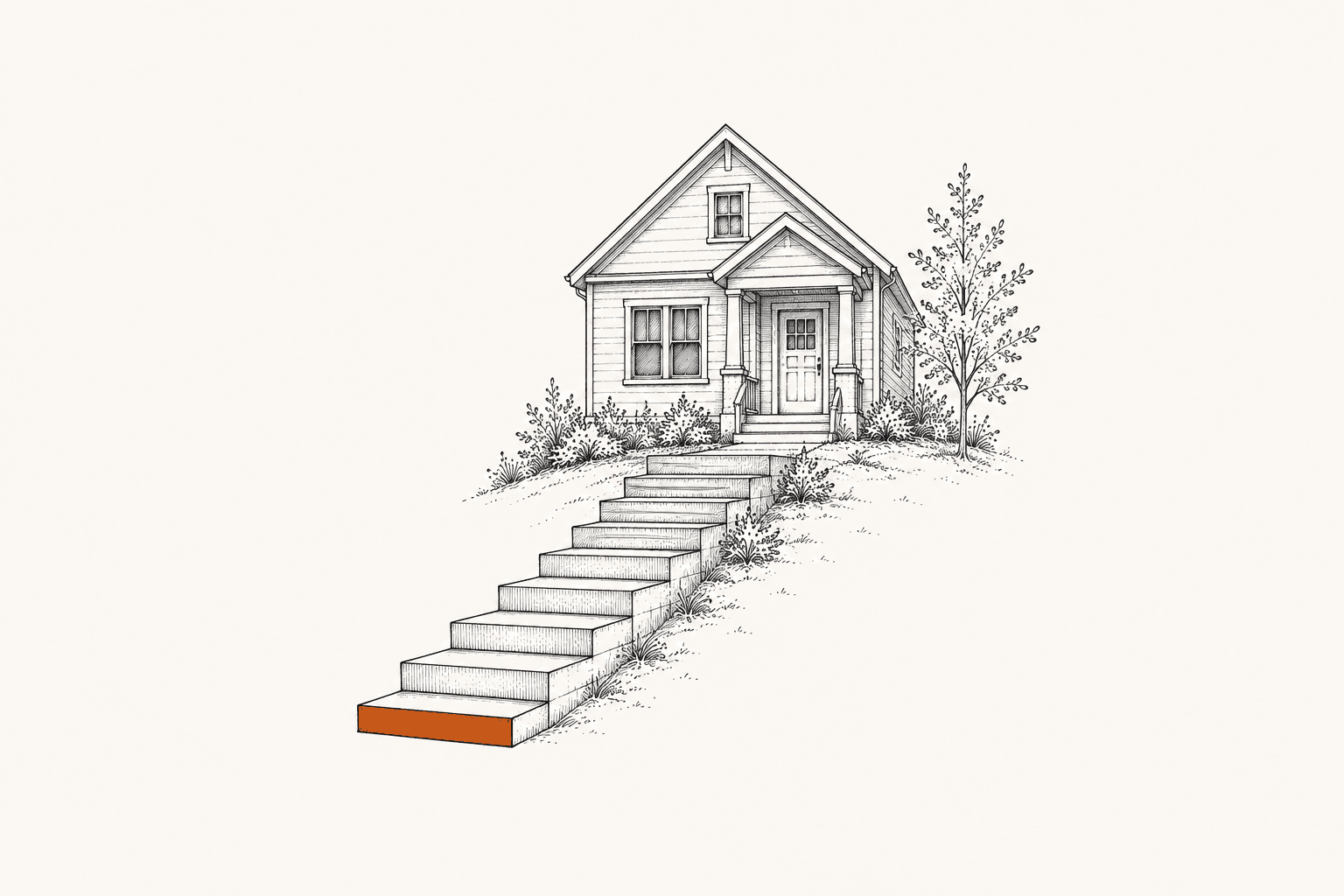 Ink illustration of a house at the top of a descending staircase