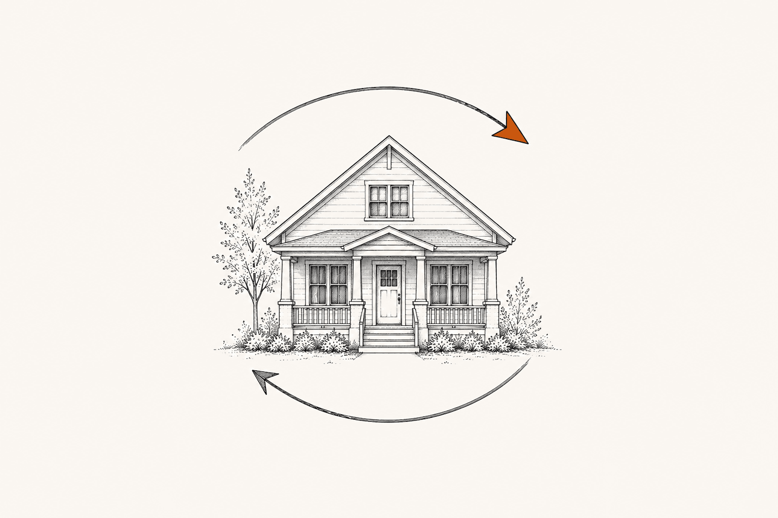 Ink illustration of a house circled by two looping arrows
