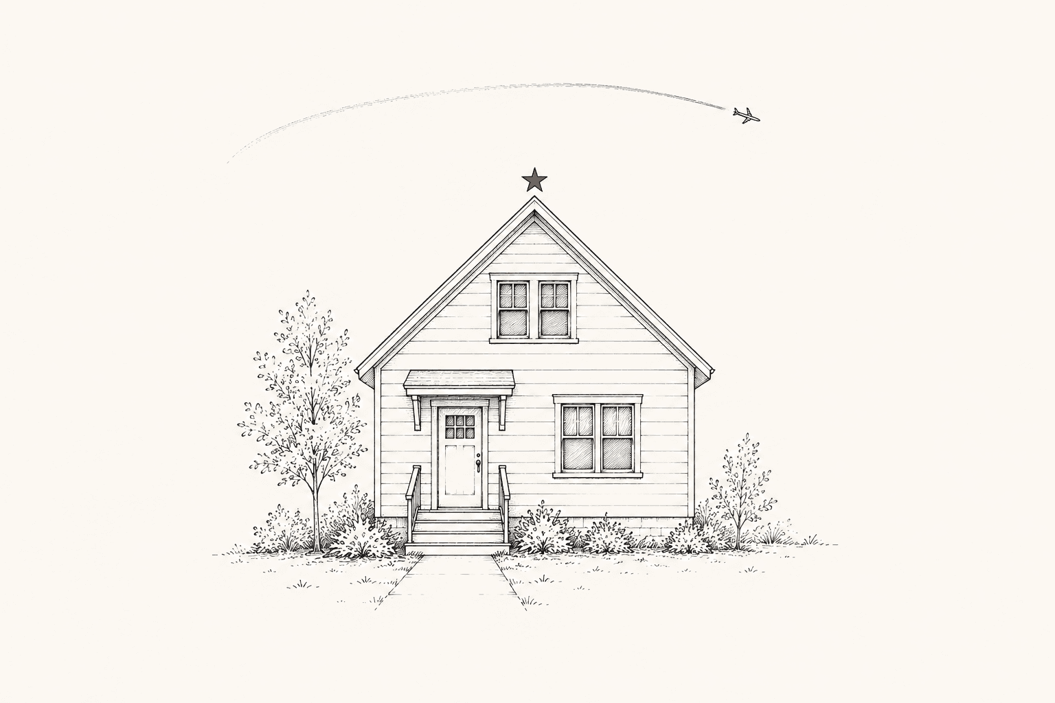 Ink illustration of a home with a star above the roofline and an aircraft overhead