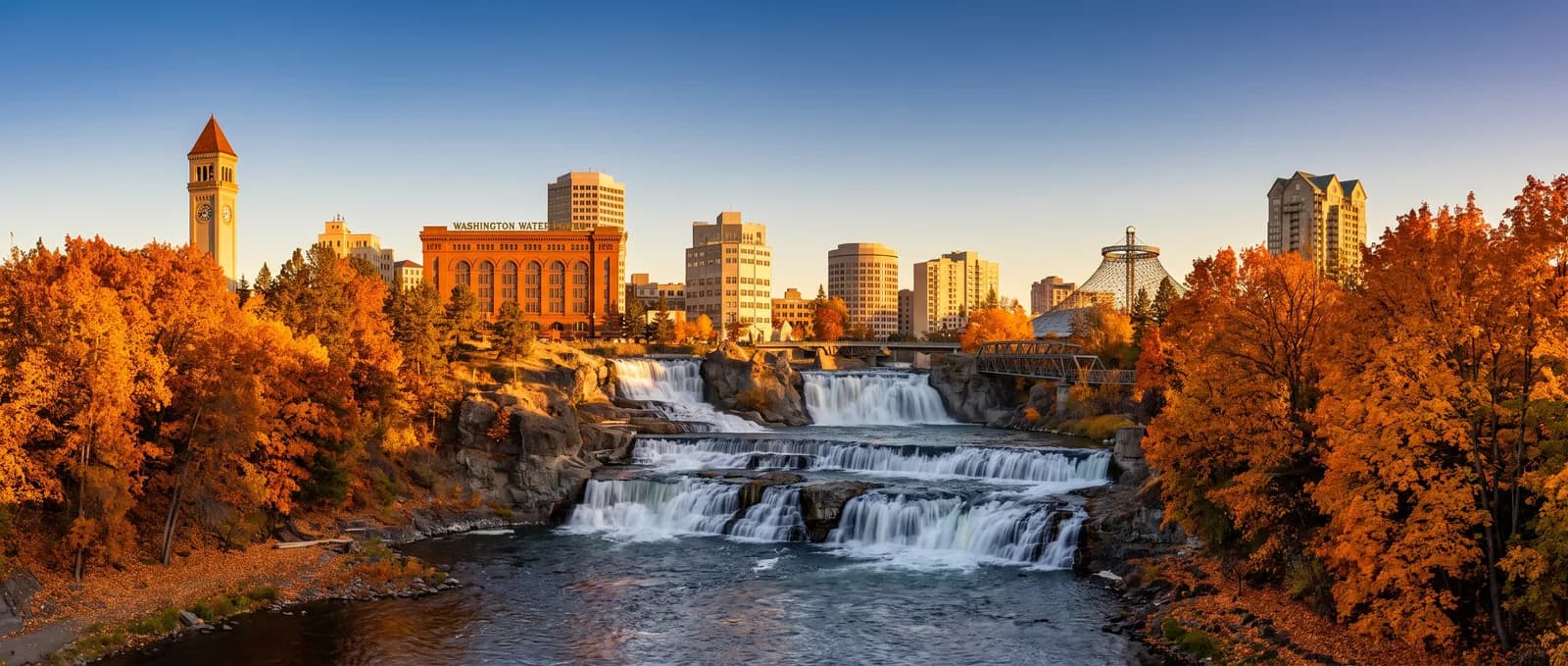 Downtown Spokane skyline and the falls in autumn