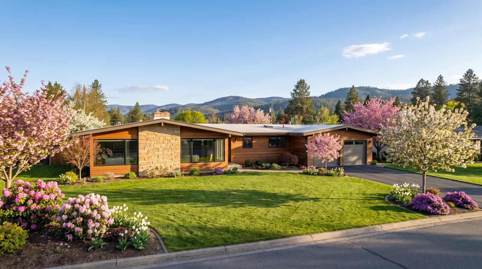 Mid-century rancher on a wide lot with hills behind, spring